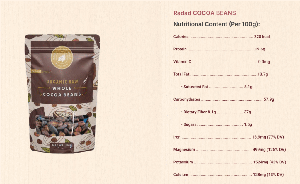 Whole cocoa beans and nutritional content or specifications Radad International