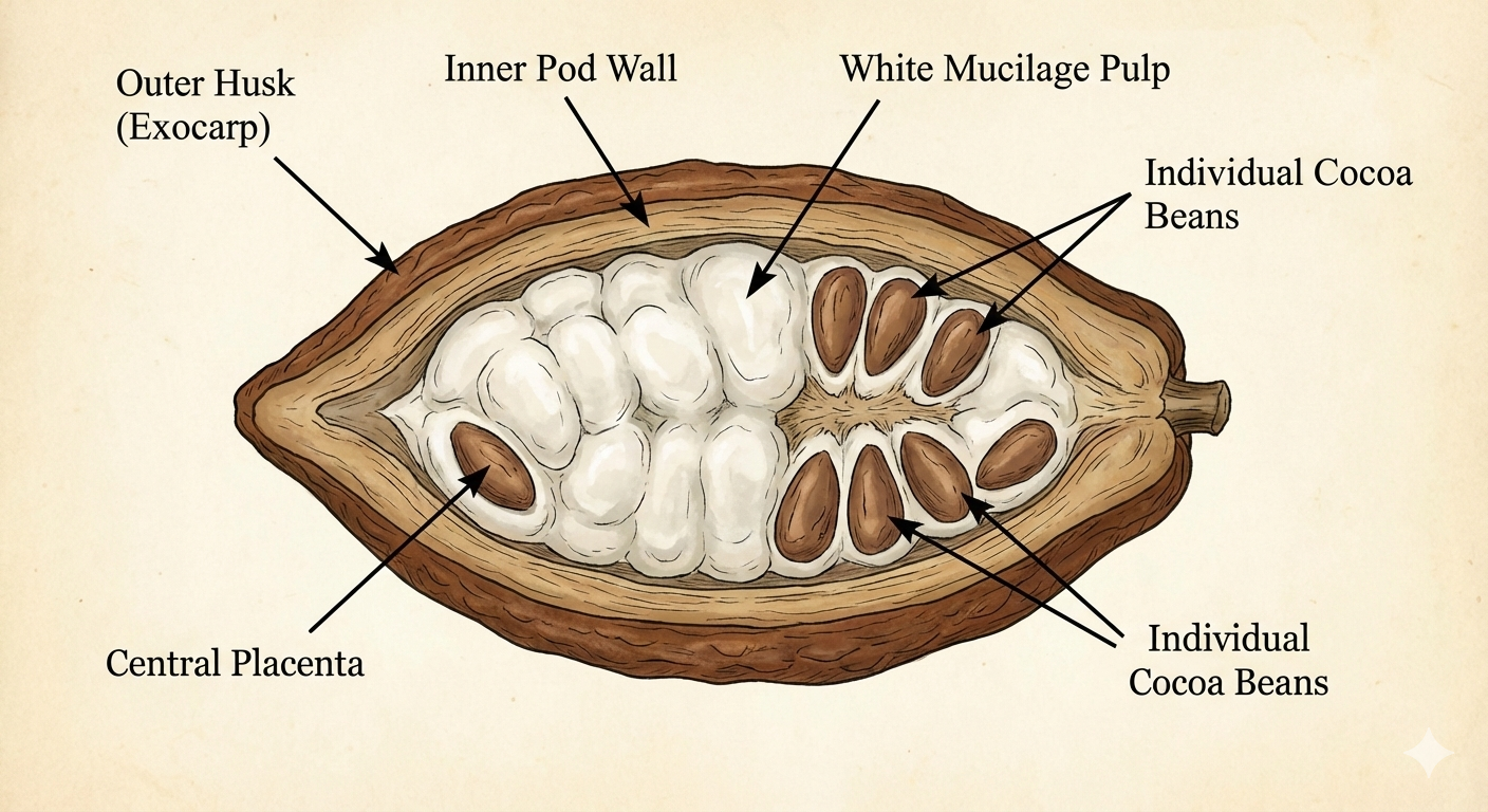 Detailed cross-section diagram of a cocoa pod showing: outer husk/exocarp, inner pod wall, white mucilage pulp, individual cocoa beans arranged in rows, and the central placenta | Radad International