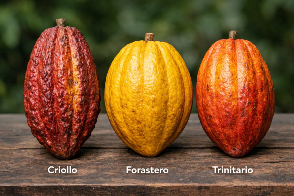 Side-by-side photograph comparing pods from Criollo (elongated, red-yellow, warty), Forastero (round, smooth, yellow), and Trinitario (variable shape, orange-red) trees
