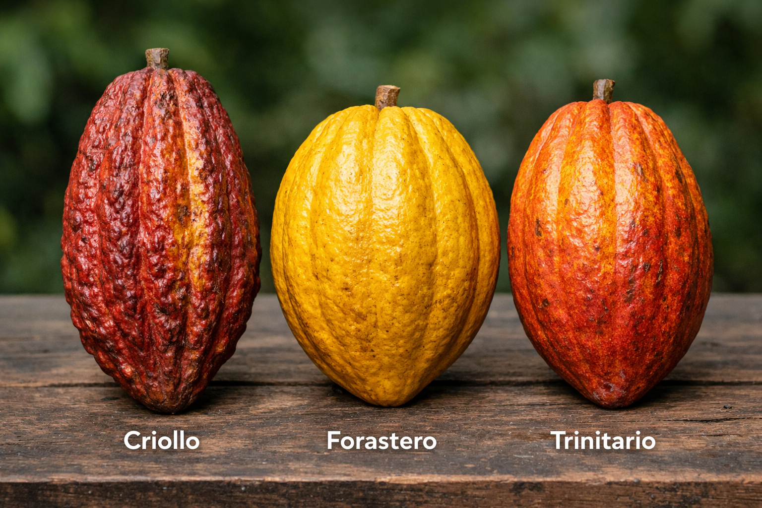 Side-by-side photograph comparing pods from Criollo (elongated, red-yellow, warty), Forastero (round, smooth, yellow), and Trinitario (variable shape, orange-red) trees