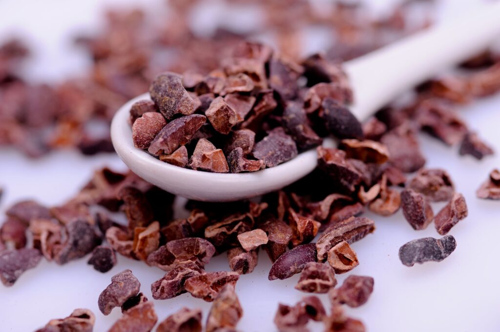 A close-up of organic raw cacao nibs in a spoon on a table (broken cocoa beans for chocolate manufacturing) Radar International
