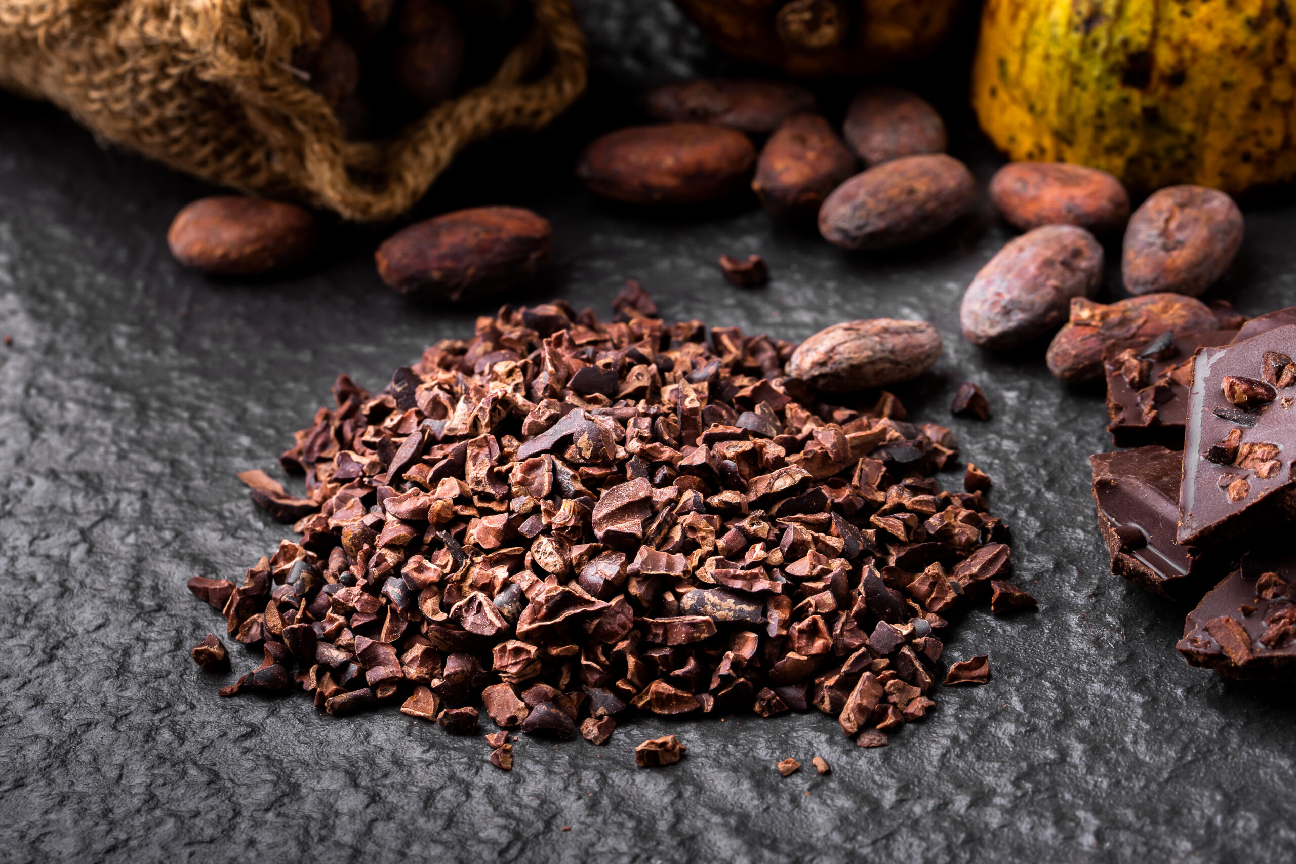 natural cocoa nibs for dark chocolate) Dark chocolate pieces crushed and cocoa beans, top view Radar International
