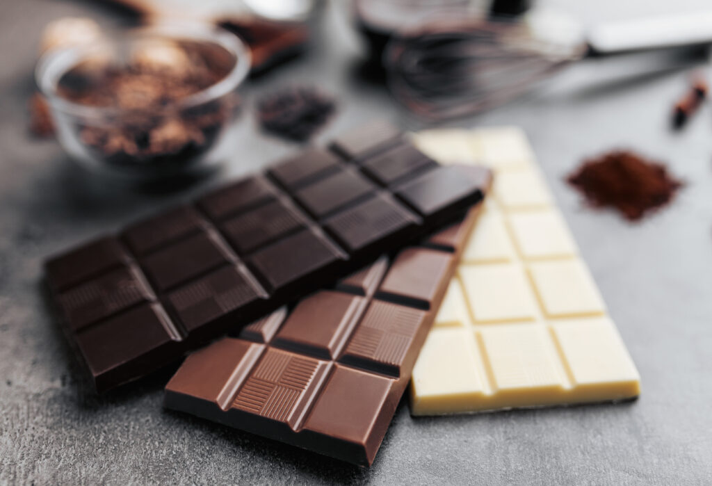 Variety of delicious and tasty chocolate made with cocoa mass